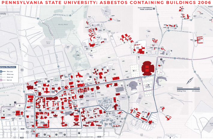 Below is a map of The Pennsylvania State University’s asbestos-contaminated buildings