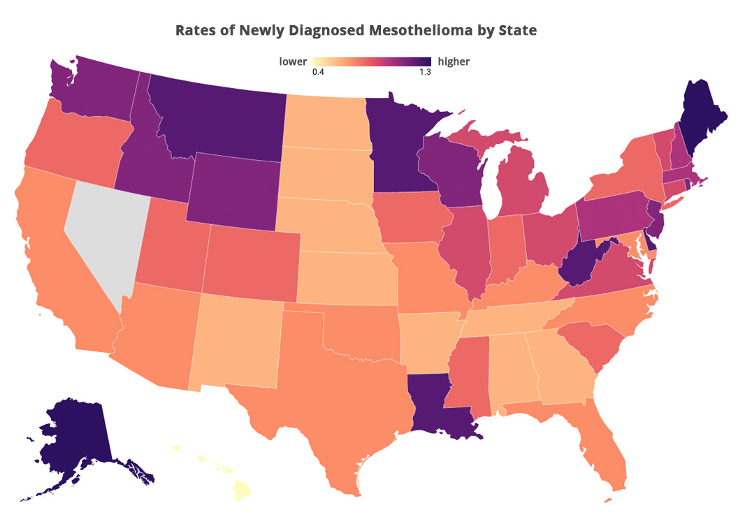 Rates of newly diagnosed mesothelioma map